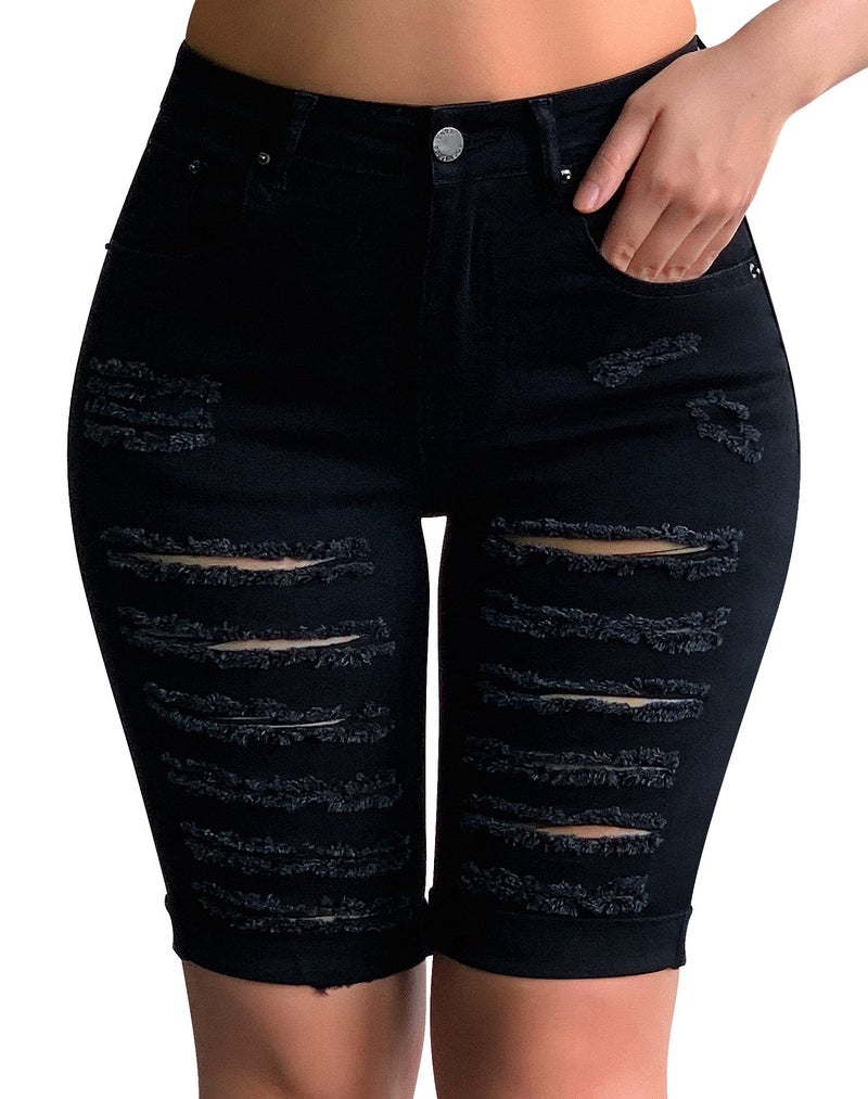 roswear Women's Distressed Knee Length Ripped Stretchy Jean Shorts Black Large - Image 1